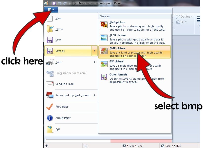after clicking on the file option, this image shows to click on BMP picture option to change image format to .bmp