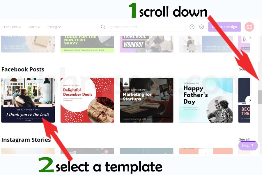 selecting template in canva for Facebook Image Meme